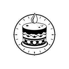Stylized Monochrome Cake Illustration with Lit Candle Inside a Circular Clock-like Frame, Ideal for Logos or Badges