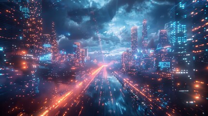 high-tech city where buildings are made of digital clouds, data streams connecting everything,