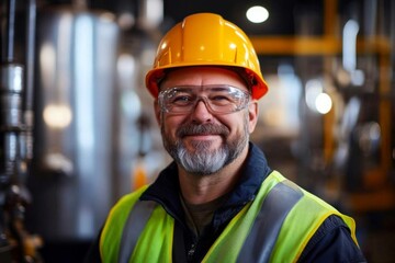 Happy man in yellow hard hat and safety vest smiles beside large machine in industrial workshop