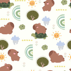 Hand drawn capybara, rainbows , clouds and sun, kids illustration.