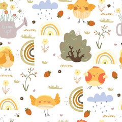 Seamless pattern with hand drawn chiks, plants and rainbows. Vector illustration for Easter.