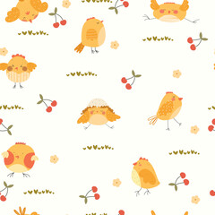 Seamless pattern with little chiks , flowers and cherries. Cute vector illustration for Easter. © Юлия Ткачук