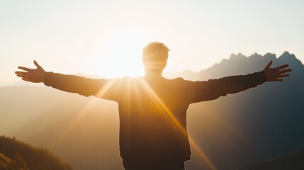 A man with his arms outstretched, back to the camera, embracing life and freedom against a white sky background with sun rays. The silhouette of mountains is visible in the distance behind him. A scen