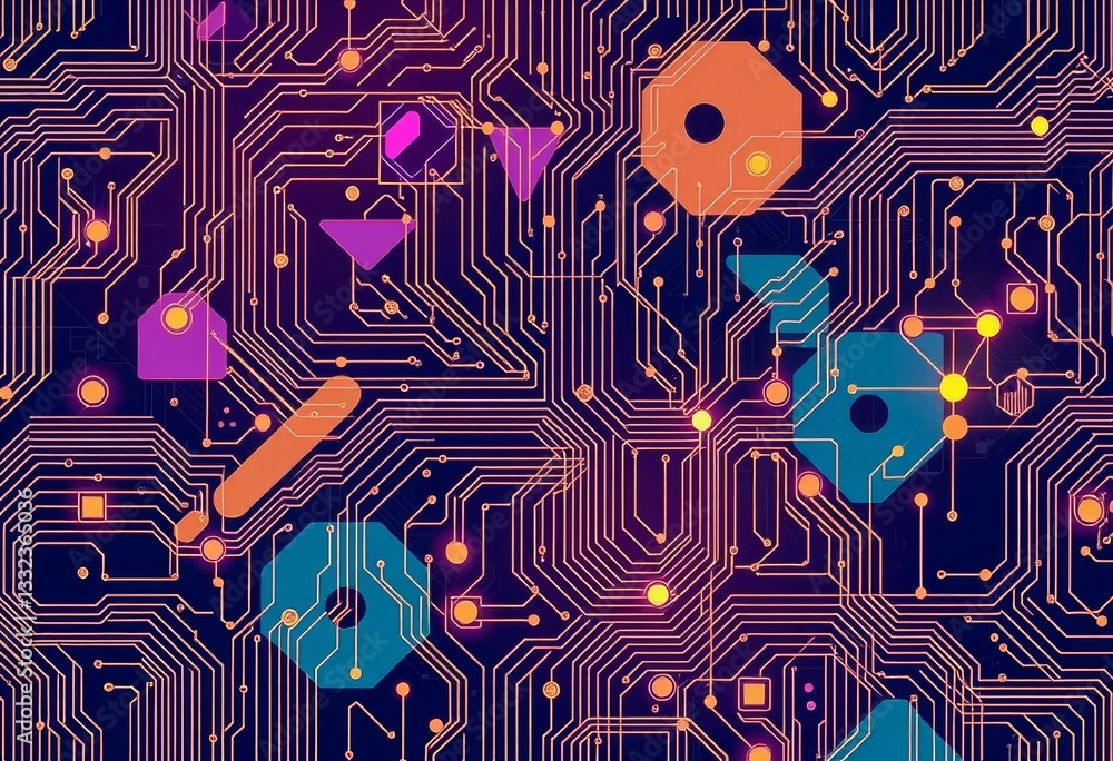 Poster abstract tech vector seamless pattern geometric shapes, circuits, lines, nodes ideal for digital and