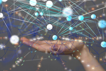 abstract lines with dots over dark background.  - neural network exposure digital