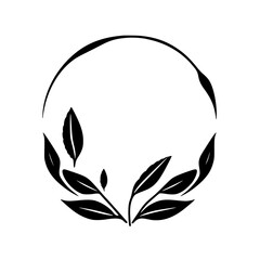 Minimalist Black & White Circular Floral Design, featuring stylized leaves and branches forming a botanical emblem against a plain background.