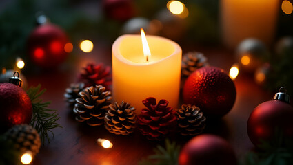 Elegant Candle Surrounded by Festive Holiday Decorations: Create a Warm Cozy Ambiance for Your Holiday Marketing and Decor Concept with Photo Stock Ideas