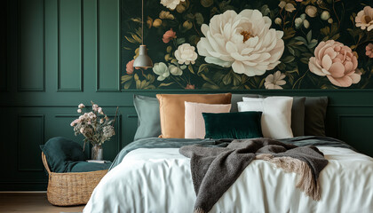 Elegant Bedroom Design Dark Green Walls, Floral Wallpaper, Velvet Bed