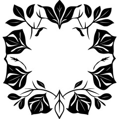 Symmetrical Black and White Floral Frame: Stylized botanical design with leaves, branches and negative space, resembling a vintage illustration or botanical illustration.