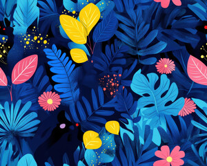 Naklejka premium Botanical summer seamless pattern Vibrant tropical leaves and flowers in seamless pattern