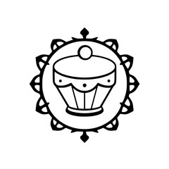 Black and white stylized drum icon encircled by an ornamental floral-like pattern, suggesting rhythm.