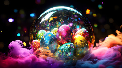 easter, cartoon, illustration, egg, christmas, light, holiday, decoration, design, space, star, bright, color, celebration, colorful, sphere, party, night, stars, magic, glowing, bubbles, glitter, vec