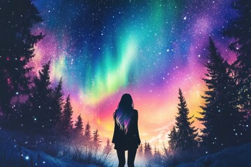 Fototapeta premium Colorful northern lights and starry night sky surrounded by tall trees