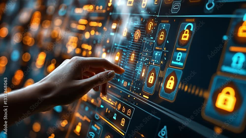 Poster futuristic interface highlighting advanced cybersecurity controls and features