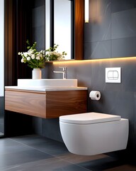 A contemporary bathroom featuring a warm natural aesthetic with rustic wood vanity exposed stone walls and ambient lighting evoking a refined Craftsman style aesthetic