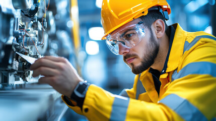 Engineer inspecting machinery with safety gear, focused on details