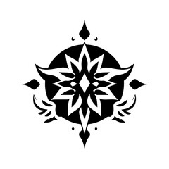 Symmetrical black and white stylized mandala-like emblem with a central diamond, floral elements, and circular backing, creating a balanced, elegant design.