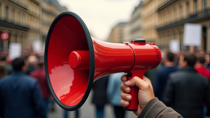 Hand Holding a Red Megaphone Amidst a Vibrant Protest Crowd: Capturing the Essence of Voice and Activism in Stock Photography with Empty Space for Text on the Left
