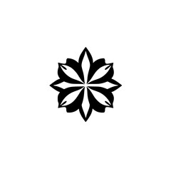 Symmetrical, eight-petal abstract floral emblem in stark black and white, centrally aligned on a minimalist white background.