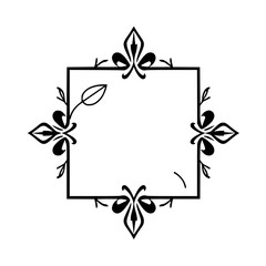 Elegant Black and White Square Frame Design, Flourishes, and Leafy Embellishments with Minimalist Aesthetic.