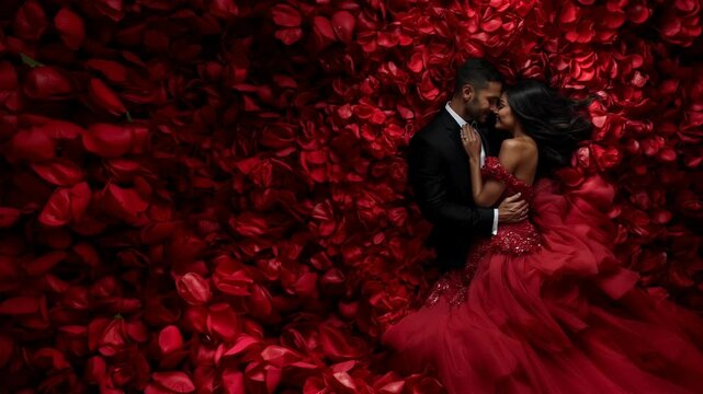 A loving just married young in love couple hugging while covered in red rose petals all over them and all in background.