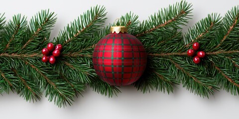 Obraz premium Christmas ornament decoration on pine branches holiday spirit home decor festive atmosphere top-down view seasonal charm
