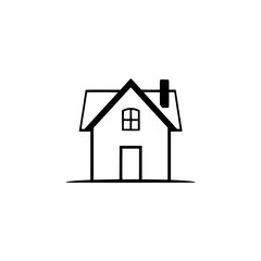 Minimalist vector illustration of a house with a gabled roof, chimney, arched window, and a door, outlined in black against a white background.