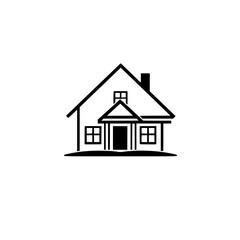 A Simple, Illustrated Black and White House Depiction with Gable Roof, Windows, and Chimney, set against a stark white background, symbolic of home and shelter.