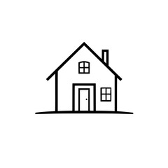 Clean, Minimalist Black-Lined House Icon on White Background, Depicting Simple Dwelling with Door, Windows, and Chimney