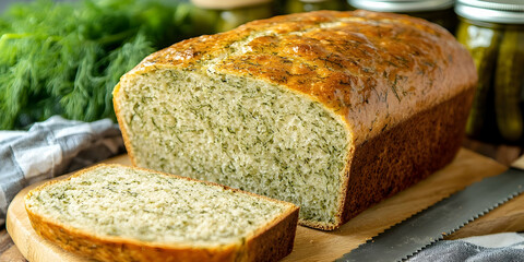 Delicious homemade dill bread, freshly baked and sliced, sits on a wooden board.  A blurred background features jars of pickles and fresh dill.