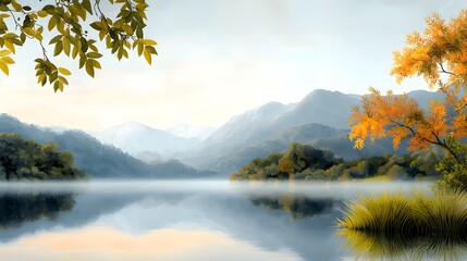 Fototapeta premium A serene and picturesque lakeside landscape with a mirrored reflection on the calm surface framed by lush verdant trees and plants bathed in the warm golden light of the golden hour