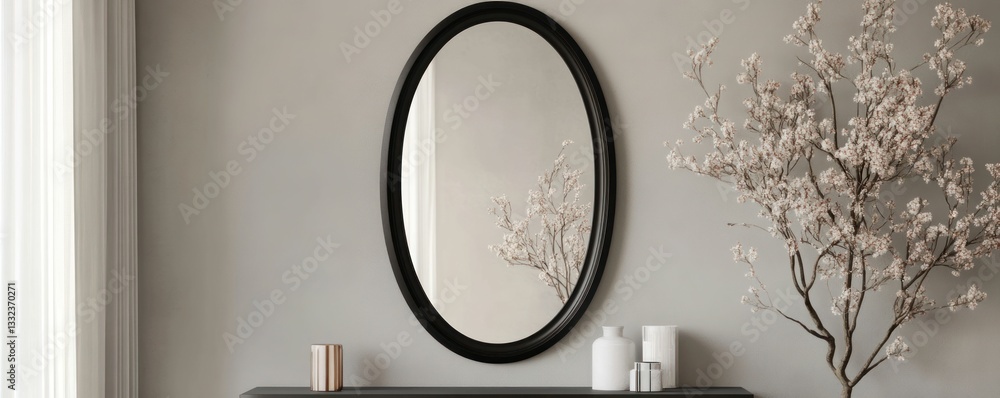 Poster a stylish oval mirror hangs on a light grey wall above a simple console table adorned with candles a