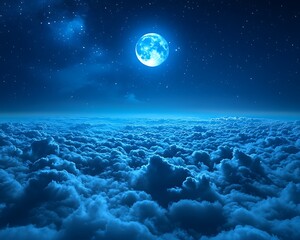 A bright full moon illuminates a night sky over puffy clouds