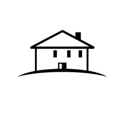 Minimalist Black and White House Icon on a Grassy Knoll with Chimney and Three Windows, Representing Home and Simplicity.