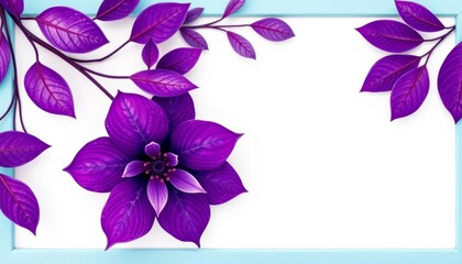 Fototapeta premium Abstract purple & blue floral design; white background, light blue frame, purple leaf texture, paint, decorative