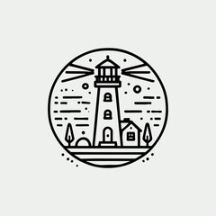Naklejka premium Simple line art of lighthouse with shining light and geometric details. Architecture concept