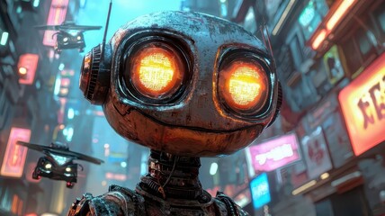 Rustic Cyberpunk Robot with Glowing Eyes in Futuristic City
