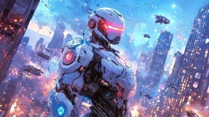Futuristic Robot in Cyberpunk City