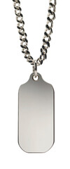 A blank dog tag hanging on an elegant chain necklace, isolated against a white background