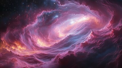 A vibrant nebula swirls with pink, orange, and blue hues, cosmic dust and stars.