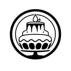 Black and white, two-tiered birthday cake with a lit candle on top, set within a circular frame for logo or icon use.