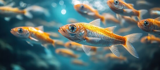 Fototapeta premium Vibrant orange fish school swimming underwater.