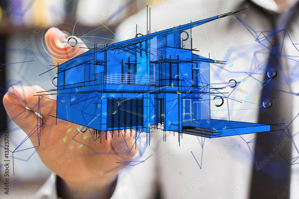 Poster home iot - Neural network 3D illustration. Big data and cybersecurity - neural network exposure digital