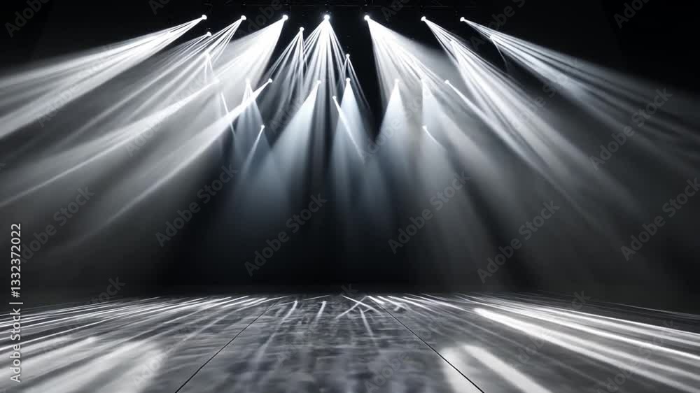Poster dramatic lighting creates dynamic atmosphere in an empty stage setting with spotlight beams