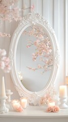 A delicate mirror adorned with cherry blossoms and soft candles, creating a serene, elegant atmosphere.