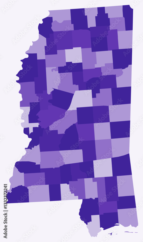 Poster map of mississippi with counties. just a simple state border map with county division. deep purple c