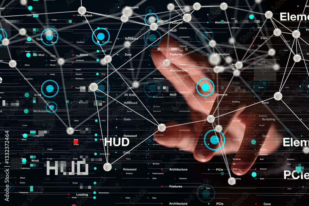 Poster Neural network 3D illustration. Big data and cybersecurity