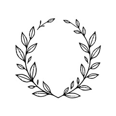 Black and White Hand-Drawn Floral Wreath Illustration with Distressed Texture on White Background.