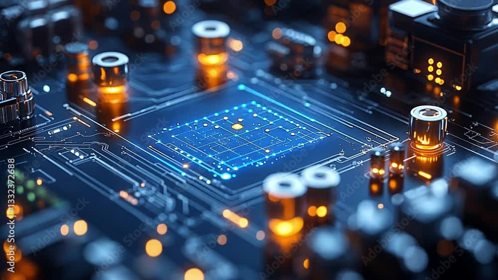 Poster advanced microchip technology showcased on a circuit board illuminated with vibrant lights