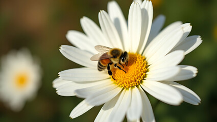Fototapeta premium Bee gathers nectar from white chrysanthemum flowers in autumn garden highlighting pollination and natural beauty. concept as Bee gathers nectar from white chrysanthemum flowers in autumn garden highli